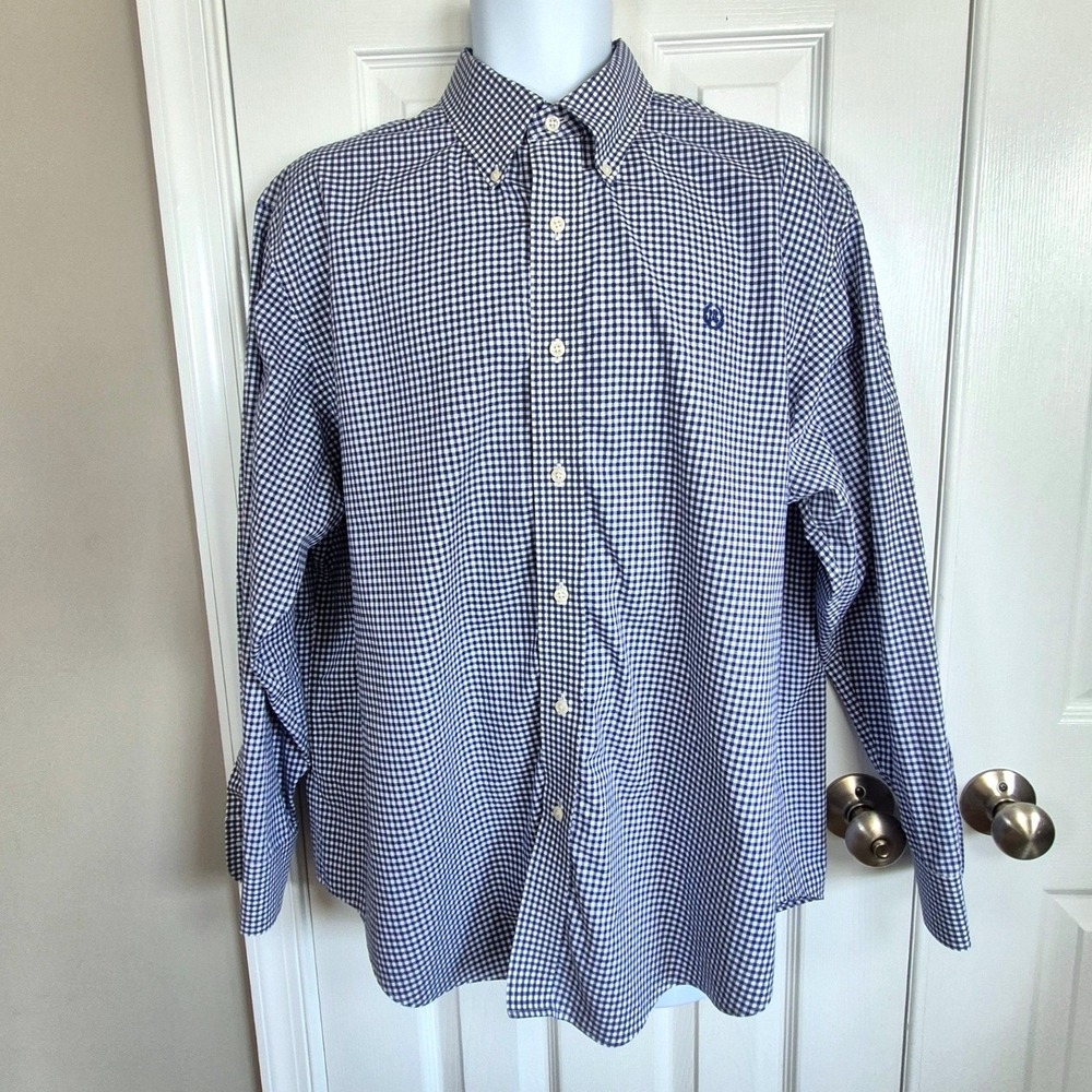 Lauren Ralph Lauren blue white plaid long sleeve button down shirt men neck 17.5